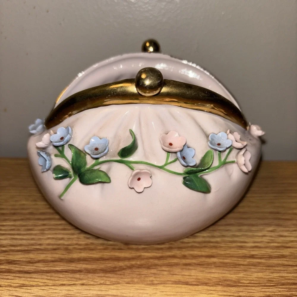 Vintage Lefton Porcelain Purse Shaped Vase  Pink Blue Flowers Gold‎ Accents